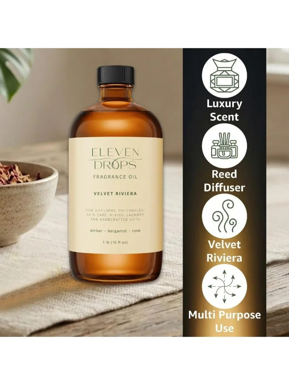 16 oz Velvet Diffuser Oil - Amber & Bergamot Aromatherapy for Relaxation
